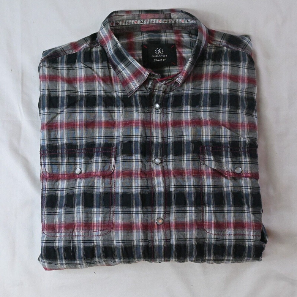 BUGATCHI UOMO Large‎ Black Plaid Shaped Fit L/S Pearl Snap Shirt